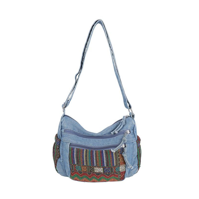 Винтажная джинсовая вышитая сумка-тоут женская большая вместительная на плечо