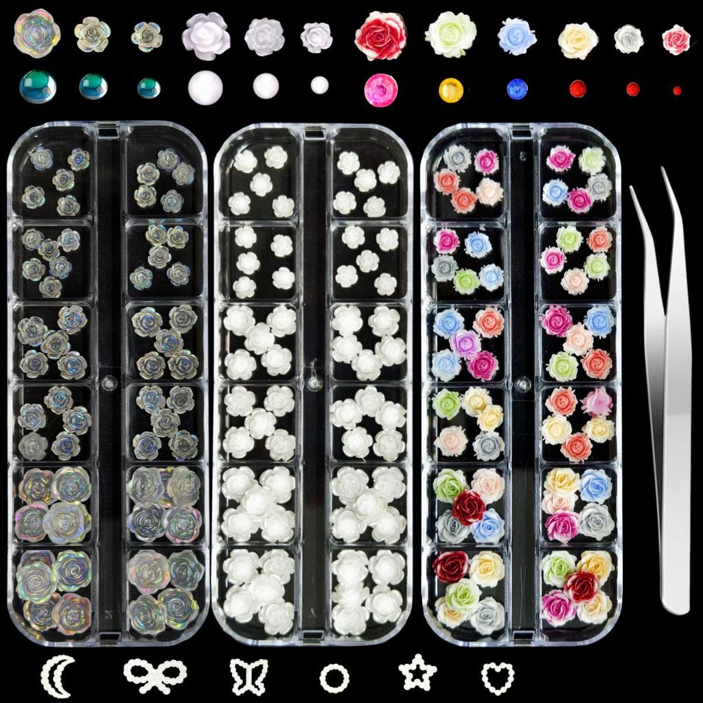 Camellia 3D Nail Art Set: Transparent Aurora, White Iridescent, and Rose Flower Decorations