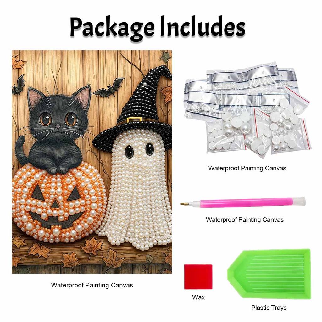 Halloween pearl painting art full pearl handmade diy home decorations cute cat pumpkin ghost black hat theme