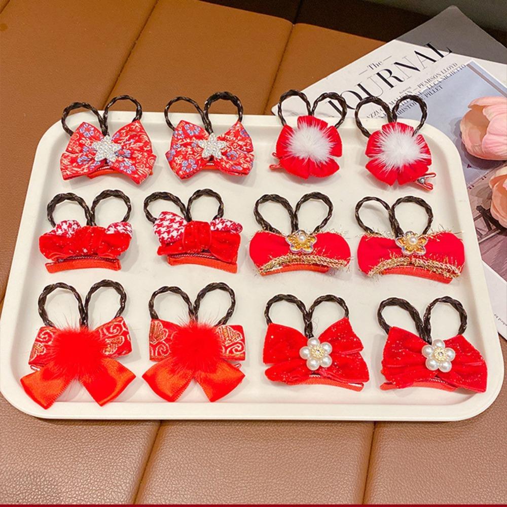2pcs Chinese Style Ancient Style Hairpin Bow Wig Braid Hairpin Princess Children Red Hairclip