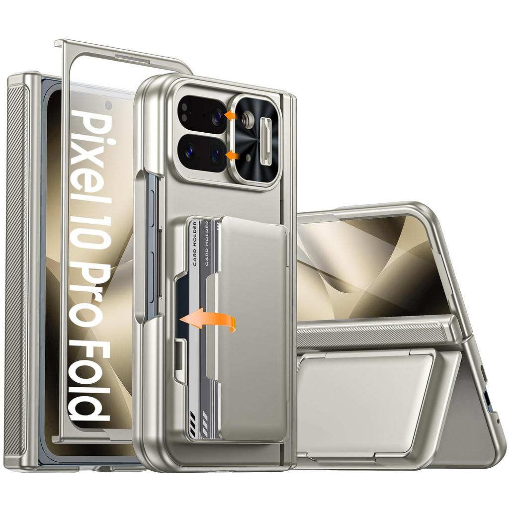 Чехол для телефона Google Pixel 10 Pro Fold с держателем для карт [Блокировка RFID], Защита камеры, Защита шарнира, Скрытая подставка, Защитное стекло экрана - Черный