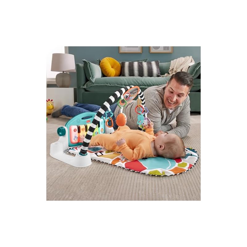 Fisher-Price Пошевели ножками! 4-язычный пианино-тренажер для малышей - Игрушка для младенцев и малышей, Игровое оборудование для помещений, Развивающий коврик-игровой центр, Английский и иностранные языки,