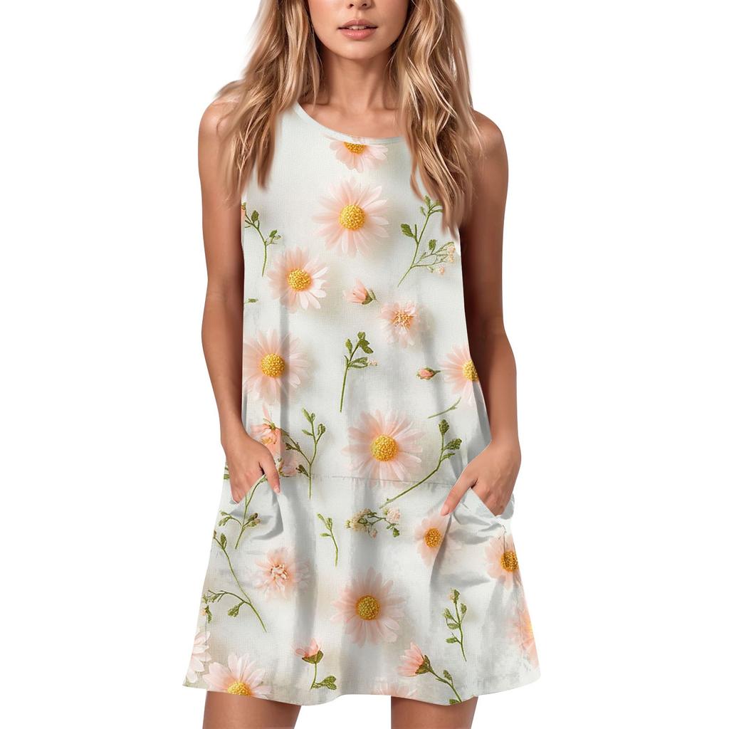Женское летнее повседневное платье с круглым вырезом и принтом, платье без рукавов с карманами