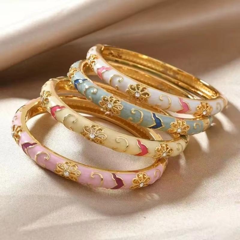 Colorful Enamel Flower Zircon Bangle for Women Retro Ethnic Style Luxury Gold Bangle Luxury Jewelry Gift