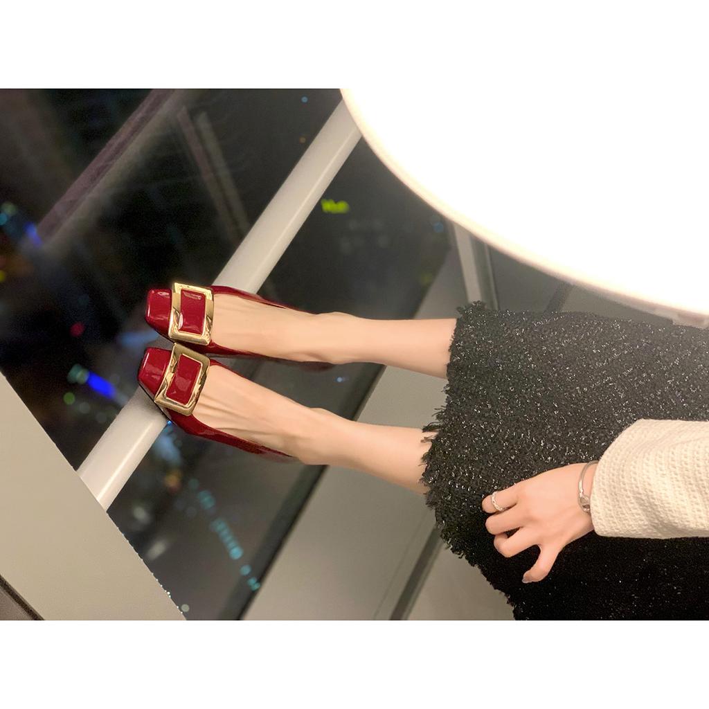 Sheepskin Version of Grape Mother, the Same French Metal Square Buckle, Small Thick Heel, Shallow Mouth Shoes, Square Head Flat Bottom, Versatile Sing