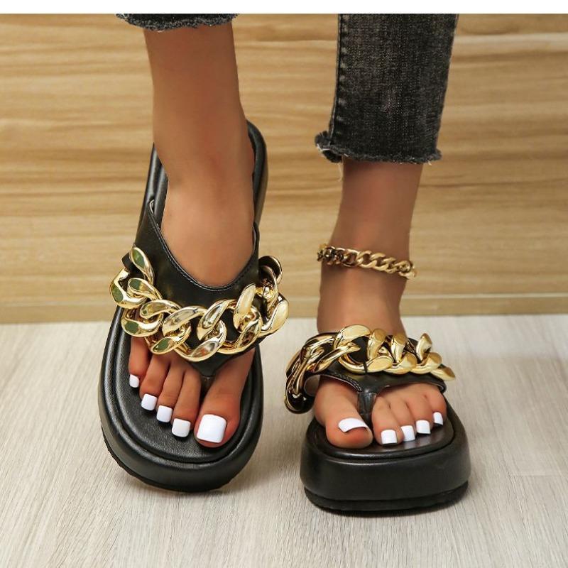 Roman Muffin Flip-flops Strap Sandals Women's Summer Flats Casual Beach Shoes Chain Women's Shoes
