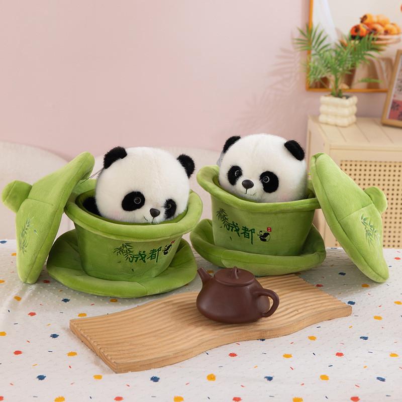 Cuddly Animal Plush Panda Figurine With Innovative Tea Cup Style 19cm Height