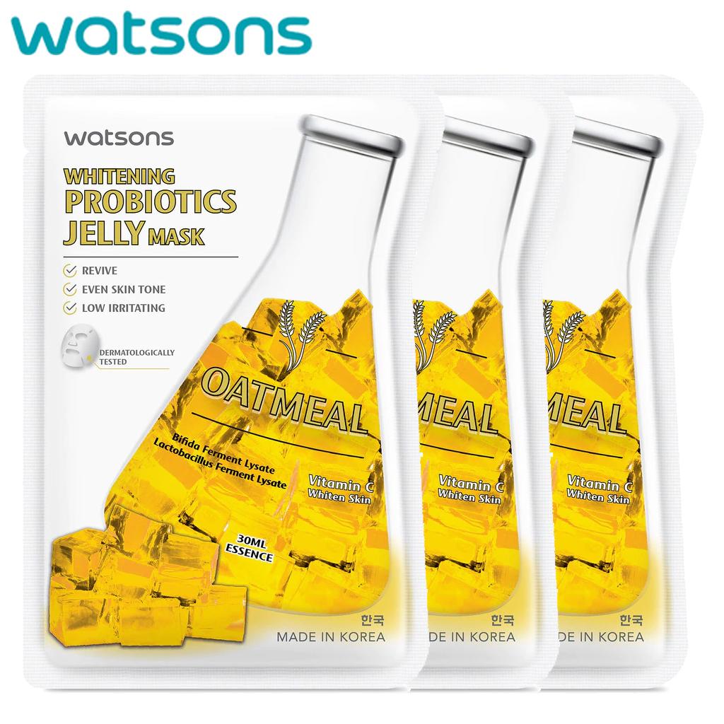 Watsons Whitening Probiotics Jelly Mask, Oatmeal, Bifido Ferment Lysate, Vitamin C, Whiten Skin, Dermatologically Tested, 30 Ml. X 3 Pcs