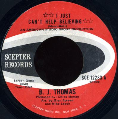 7-дюймовая пластинка BJ. THOMAS - I Just Can't Help Believing SCE12283 Scepter Records 1970 US Рок Б/У