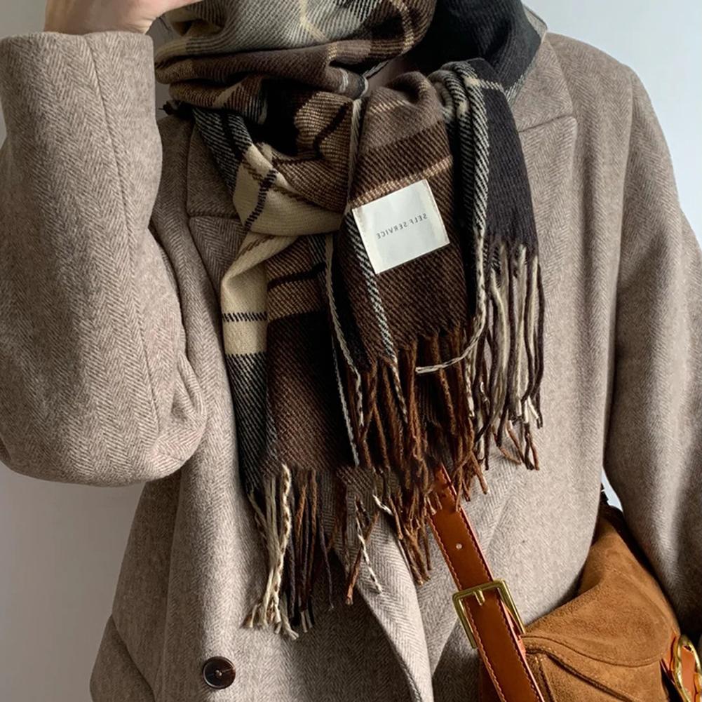Women Winter Warm Scarf Trendy Sweet Plaid Tassel Imitation Cashmere Neck Warmer For Birthday Gifts
