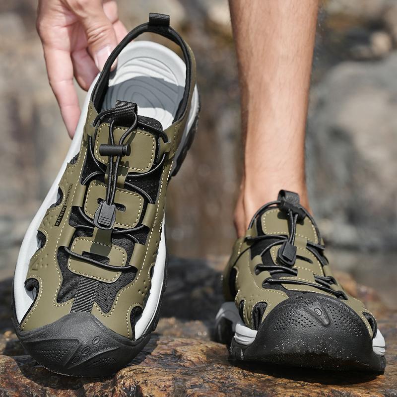 Fashion Microfiber Leather Men's Summer Shoes Comfy Breathable Mens Sandals Quick Dry Shoes Non-Slip Male Anti-collision Toe Beach Flats