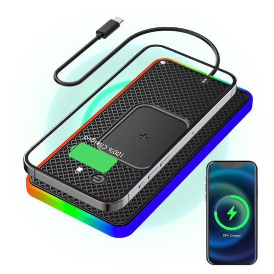 20 Вт Быстрая Беспроводная Зарядка для Телефона Автомобильная Зарядная Панель с Нескользящим Основанием 8 Цветов Подсветки Универсальный Коврик для Беспроводной Зарядки Телефона