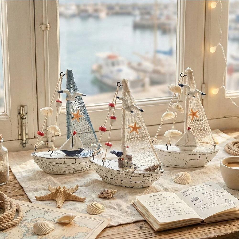 Mediterranean Wooden Sailboat Ornament Handcrafted Coastal Nautical Shelf Decor With Starfish Seagull Fishing Net Sails 2 Styles