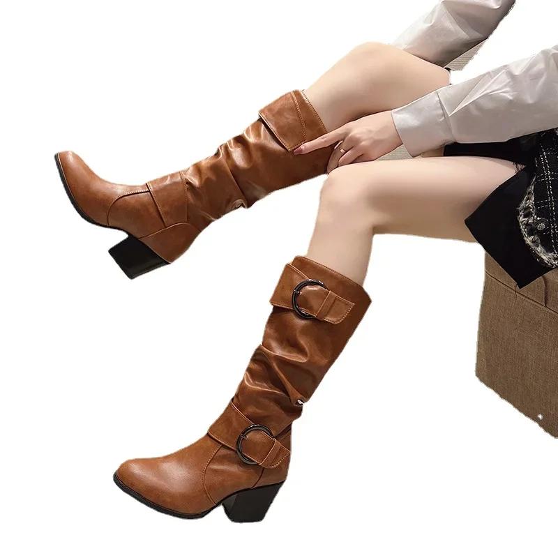 Женские ботинки, модные осенние ботинки из искусственной кожи, женские эластичные черные туфли до колена Roma, большие размеры 35–43, Zapatos De Mujer