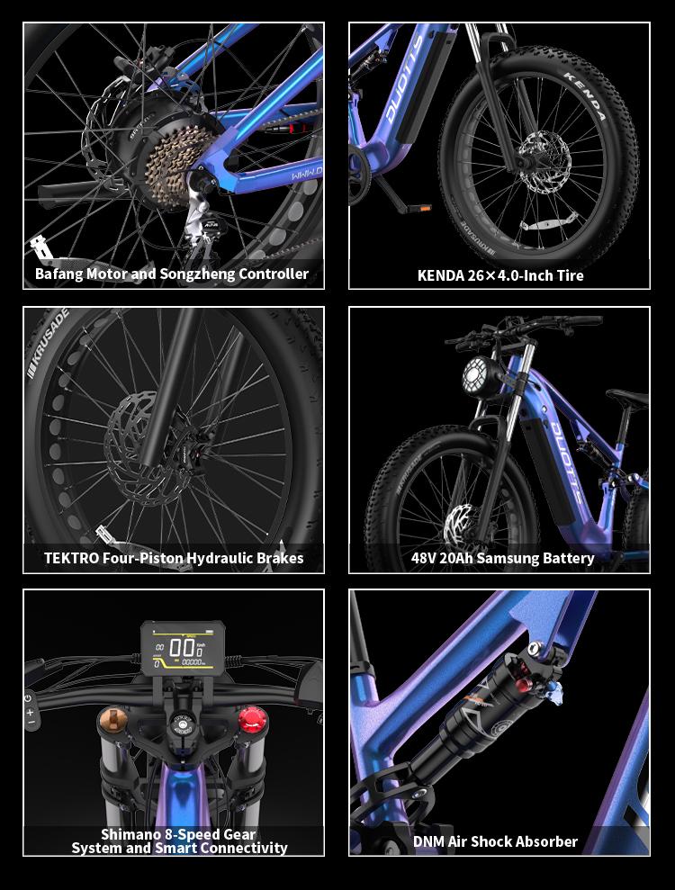 DUOTTS E26 electric bicycle, Samsung 48V 20Ah battery, full suspension system, 26-inch tires, maximum range 60-120 km.