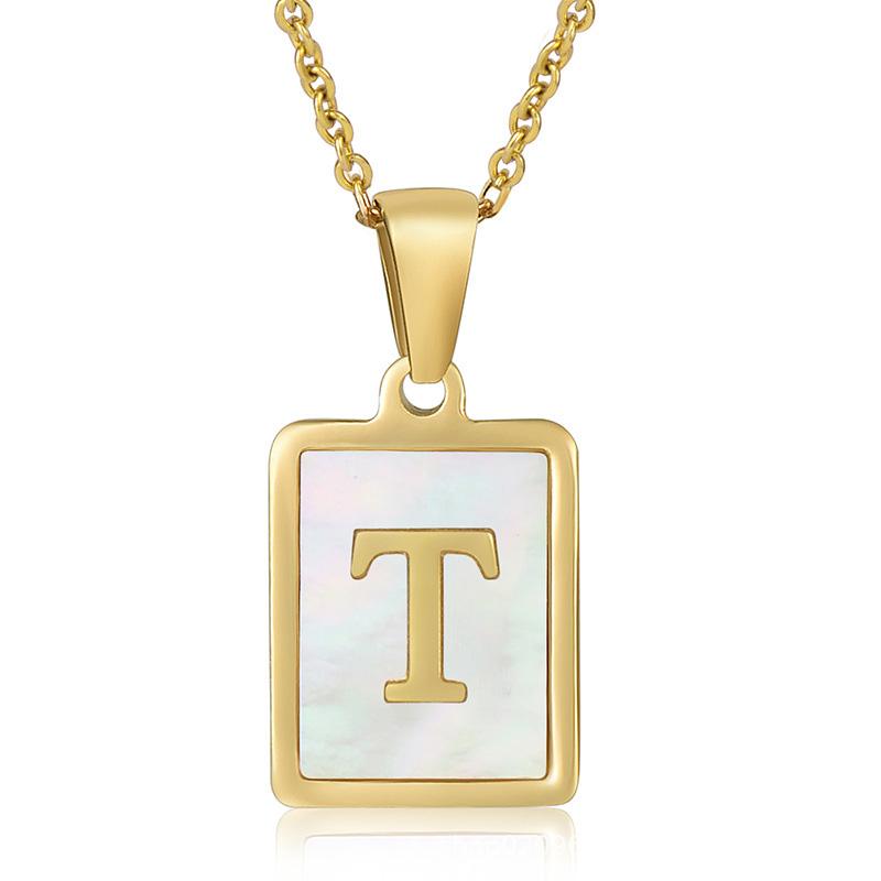 Name Letter Shell Pendant Necklaces White Square Initials Stainless Steel Necklace Gold Color Chain Jewelry for Women