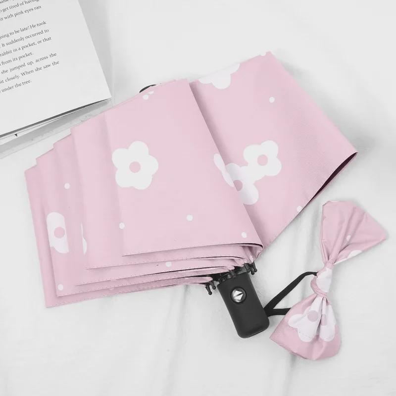 Автоматический женский зонт-цветок двойного назначения: Защита от ветра/дождя и УФ-излучения с тройным складыванием на черном клее.