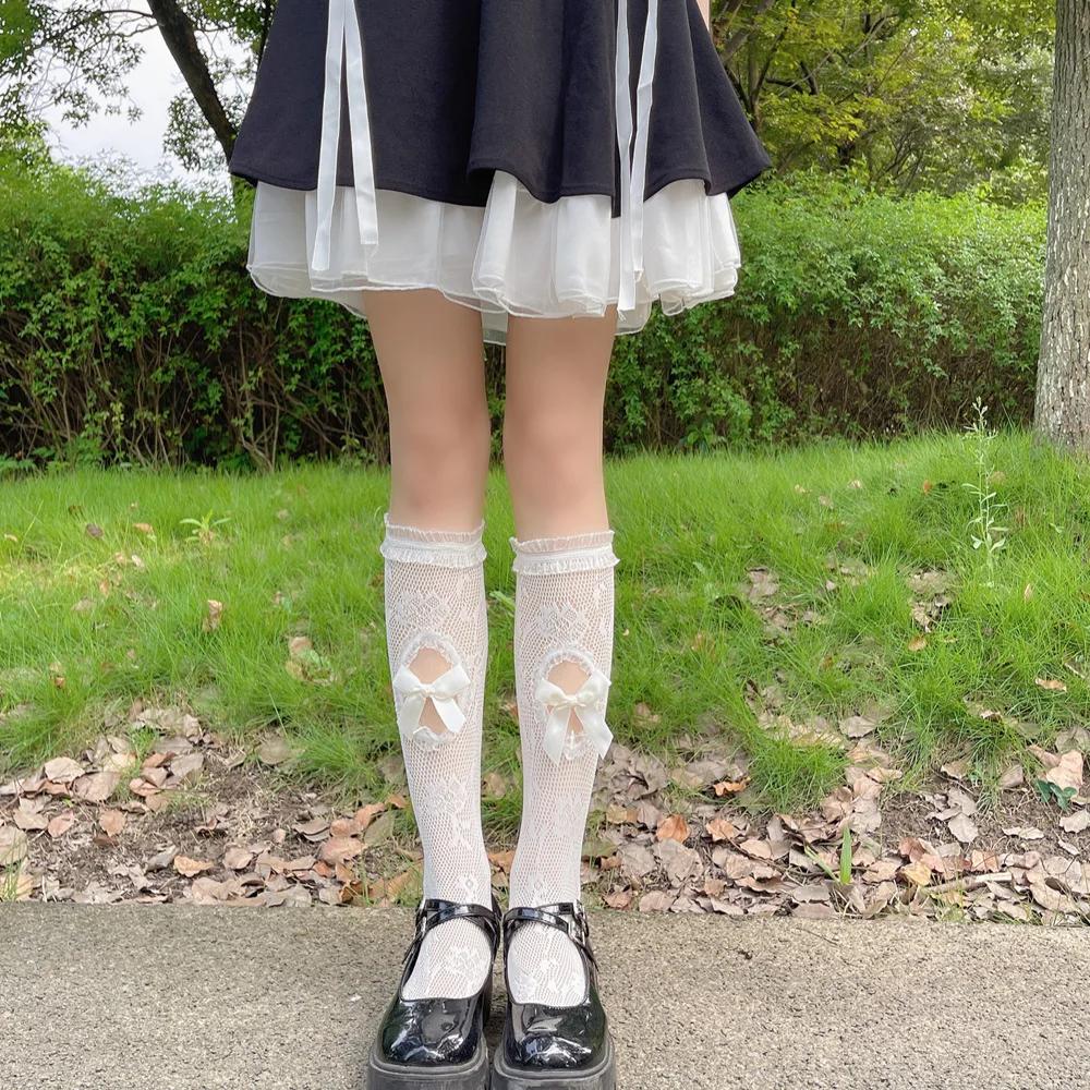 Ажурные сетчатые чулки с оборками, женские носки с милым бантом, милые гольфы для девочек, длинные носки в японском стиле JK, женские чулки