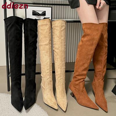 Мода Мода Флок Каблуки Женские Сапоги выше колена Обувь Женская Обувь слипоны Острый носок Дамские Современные Длинные Сапоги Туфли-лодочки