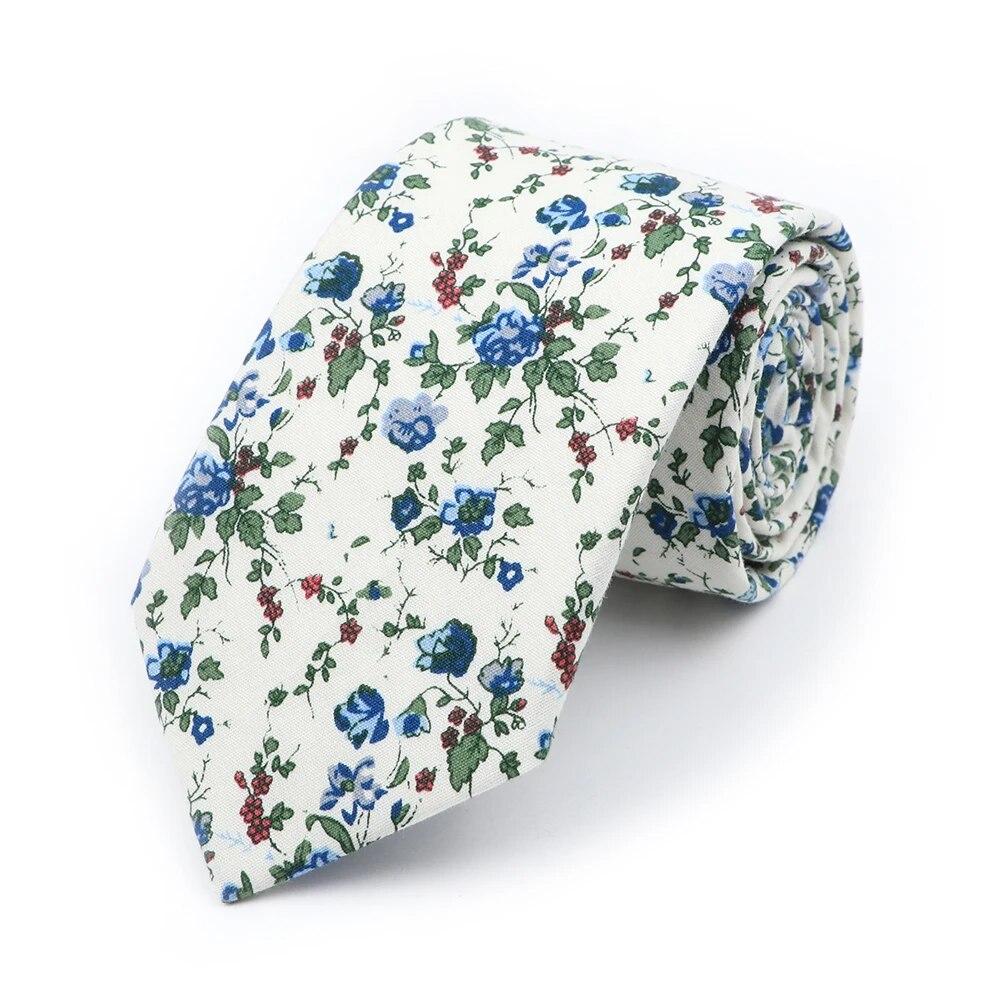 Floral Tie, For Men Women, 100% Cotton, Elegant Flower Necktie, White, Blue, Narrow Skinny, Wedding, Party