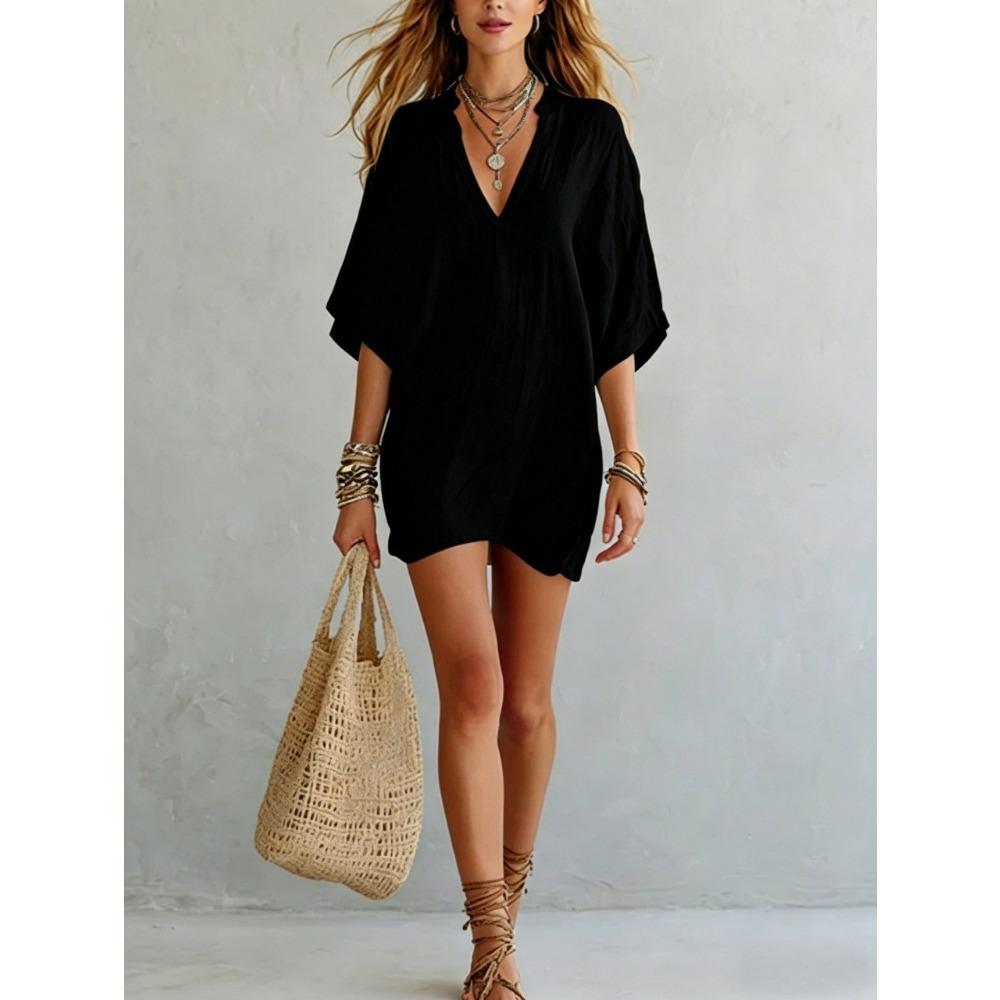 QICED Модные летние весенние однотонные принтованные повседневные платья с коротким рукавом и V-образным вырезом