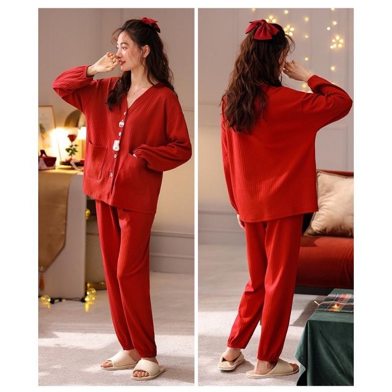 Новый пижамный комплект для женщин, весна-осень, одежда для сна, чистый хлопок, домашняя одежда с длинными рукавами, красные повседневные ночные рубашки для девочек