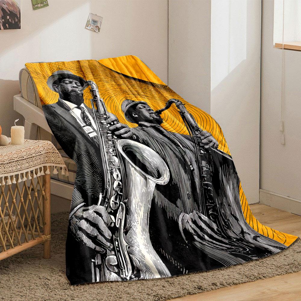 Artistic Jazz Saxophonists Orange Line Art Yellow Cozy Blanket, Silky Soft Blanket for Restful Sleep, Durable Warm Throw for Outdoor Fun
