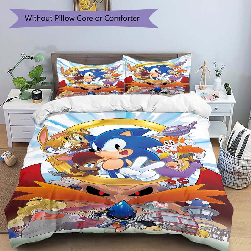 3pcs Sonic the Hedgehog Quilt Cover Set - Soft and Cozy Bedroom, Guest Room and Dorm Decorative Bedding 3-Piece Set 1 Quilt Cover + 2 Pillow Sham