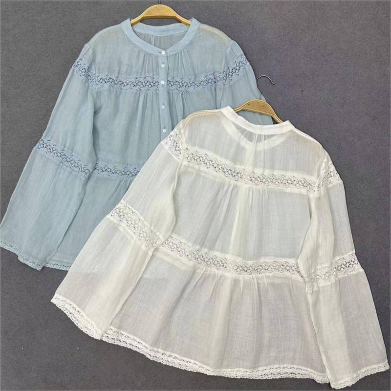 Johnature Японские тонкие кружевные рубашки с длинными рукавами, осенние повседневные простые свободные повседневные топы для женщин