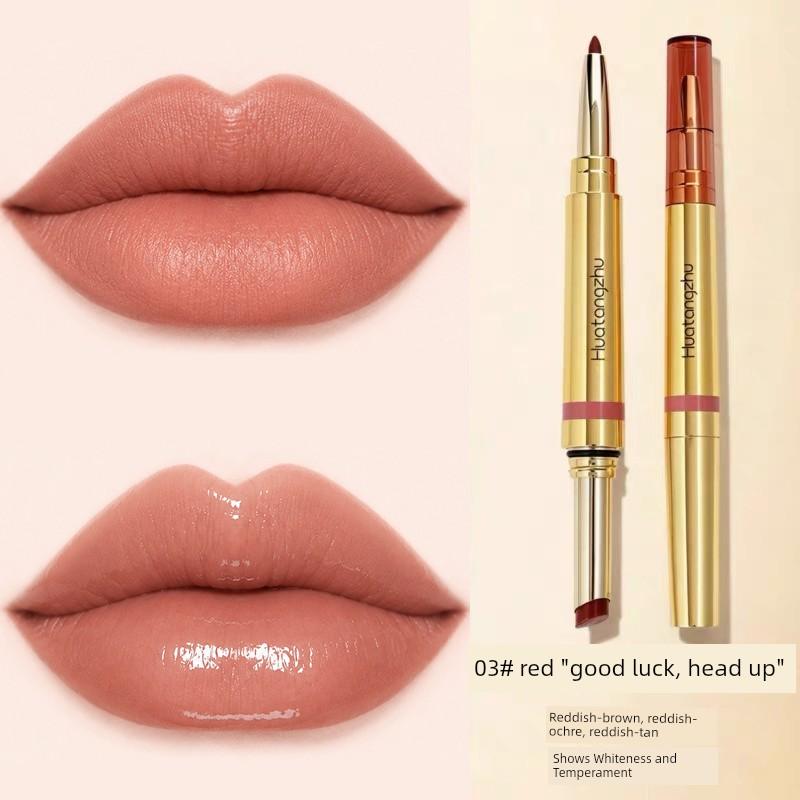 Double-Ended Solid Lip Gloss Lip Liner Cinnamon Color Lipstick Mirror-Like Long-Lasting Moisturizing Reduces Lip Lines Non-Fading Non-Stick Cup
