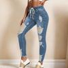 Women's Skinny Ripped Trendy Jeans Distressed Stretchy Denim Pants Elastic Waist Drawstring Denim Trousers