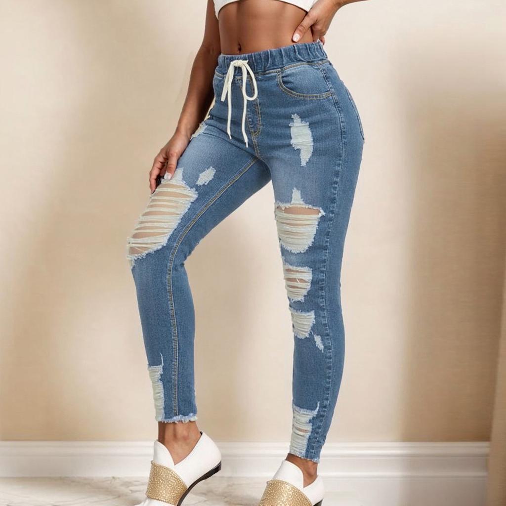 Women's Skinny Ripped Trendy Jeans Distressed Stretchy Denim Pants Elastic Waist Drawstring Denim Trousers