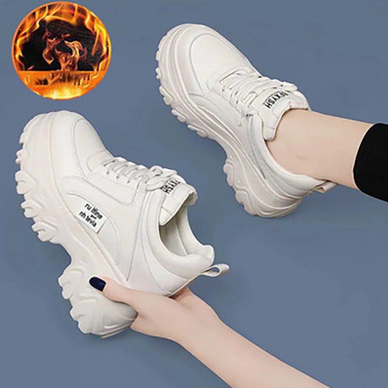 Женская обувь на высокой платформе 10 см, флисовая обувь для теплых зимних видов спорта, черные туфли для папы, низкие сапоги и кожаная обувь для женщин