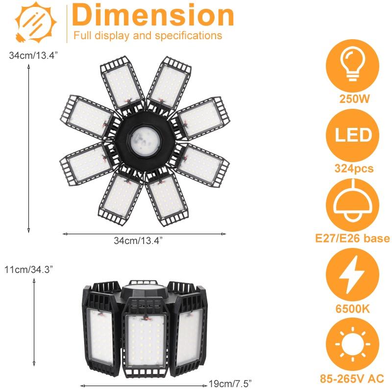 AC 85-265V 250W 6500K E27 Светодиодная лампа для гаража Регулируемая деформируемая лампа Потолочный светильник для магазина/склада/мастерской