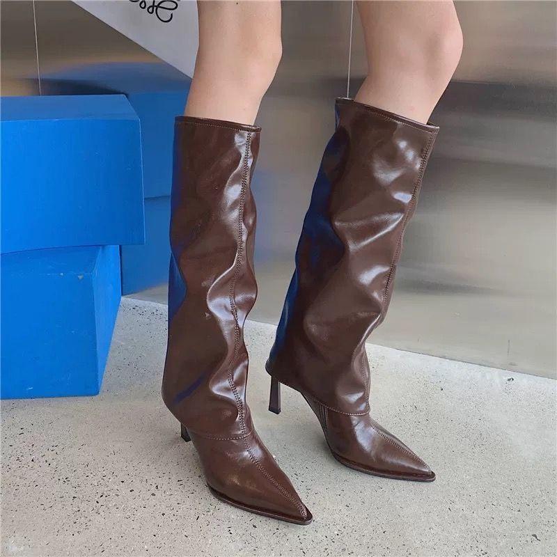 Тонкий каблук высокие рыцарские сапоги европейские и американские остроносые сапоги-трубы для брюк горячей девушки длинные сапоги 2025 осень и зима новый нишевый черный