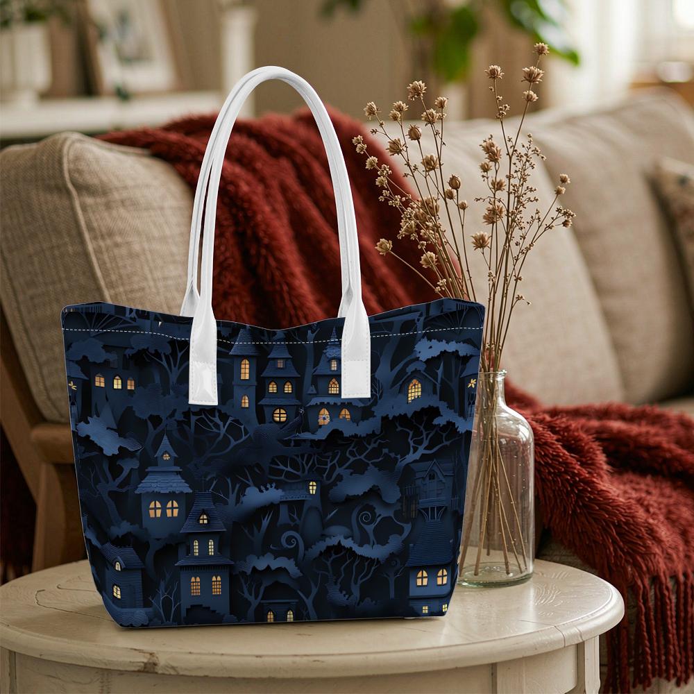 Halloween Spooky House Print Tote Bag Fashion Casual Large Capacity Handbag for Daily Use