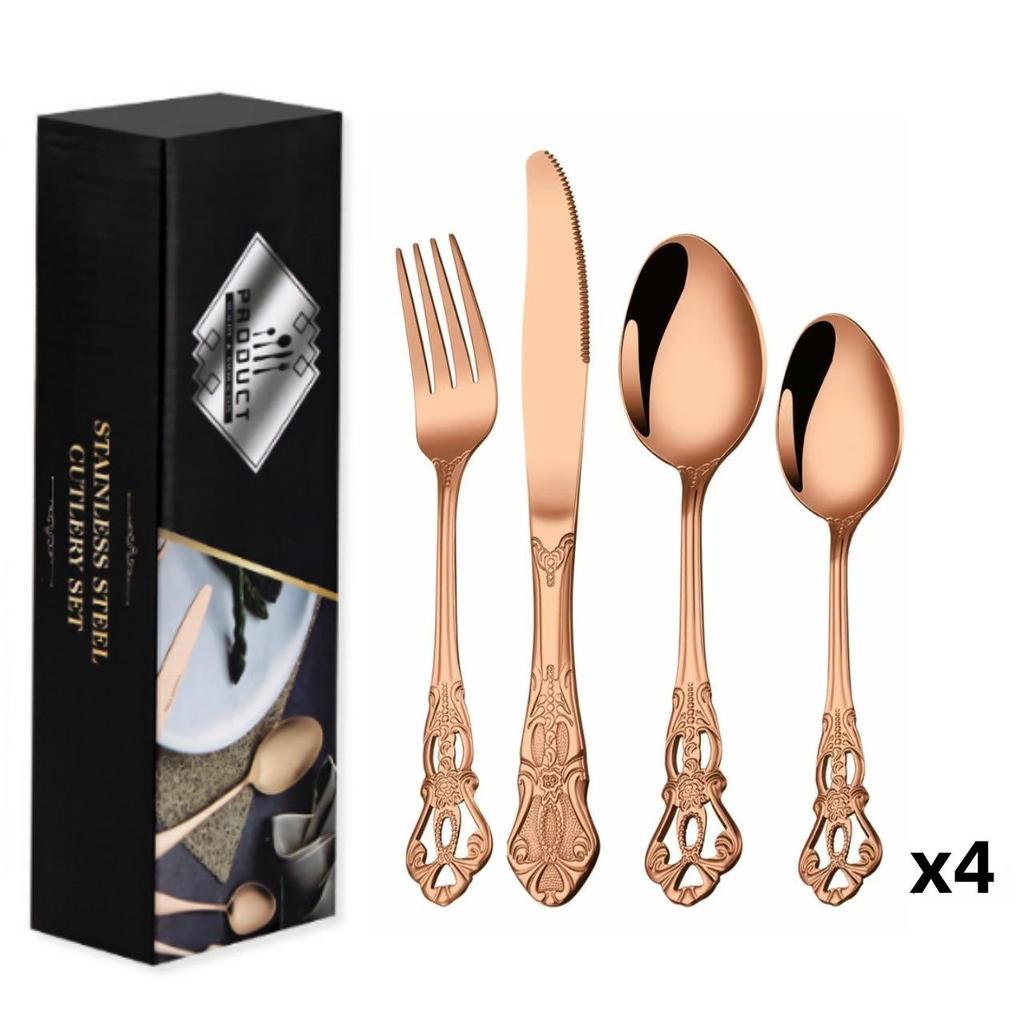 Набор столовых приборов Royal Court из 24 предметов из нержавеющей стали - Тисненые полые ножи для стейка, вилки и ложки