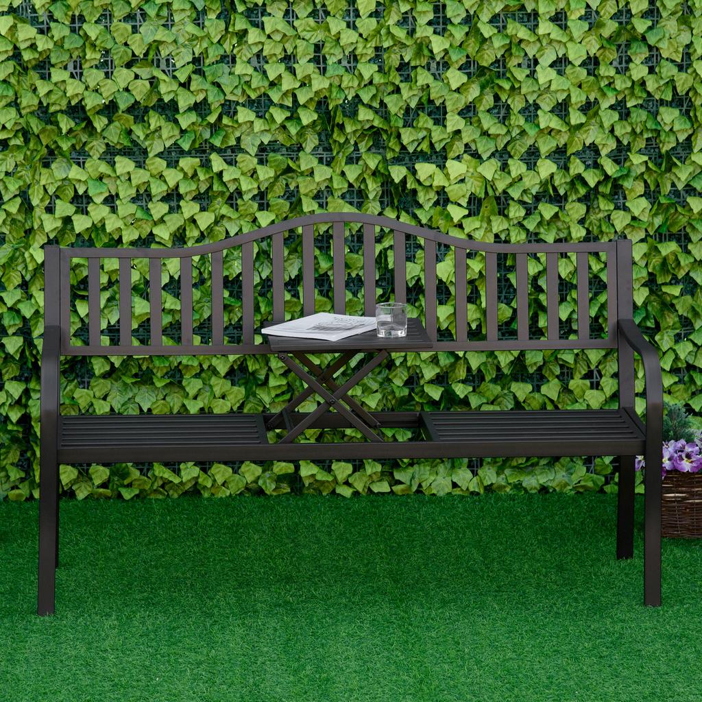 Metal Outdoor Bench with Liftable Middle Table. Patio Loveseat. Garden Bench for Garden. Porch. Seats 2–3 People. Black