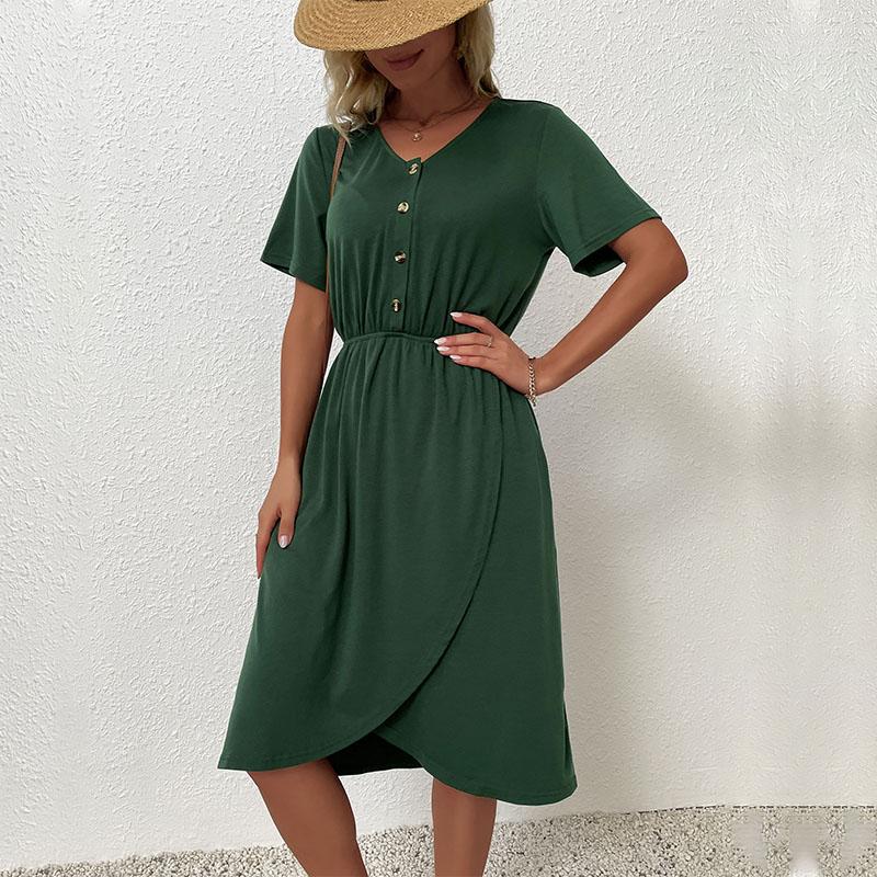 YYFS Women's Fashion Summer Spring Solid Color Print Short Sleeve V-Neck Casual Dresses