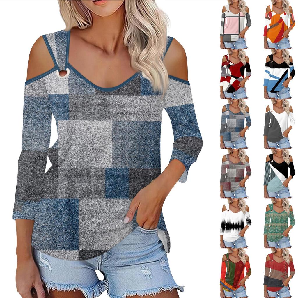 Women's Casual Shirt Blouse Print V-neck Sexy Cold Shoulder 3/4 Sleeve Top