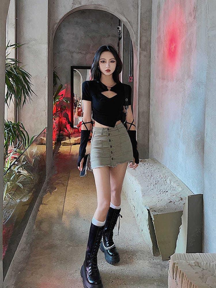Short Sleeve High Tshirt Street Women Harajuku Summer Hollow Out Slim Design Ins Korean Style Above Navel Cropped Top Allmatch
