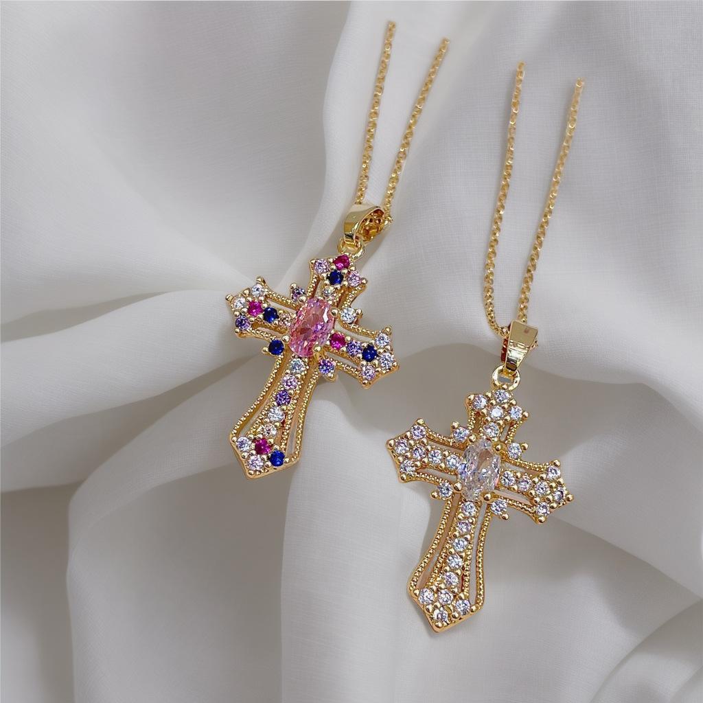 18k Gold Ins Vintage Punk Cross Necklace Pendant with Zircon Collarbone Chain Accessories