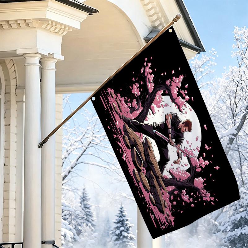 2D Flat - 2D Flat - 1pc 2D Flat, Decorative Banner, Japanese Samurai Sword Cherry Blossom Background Pattern Flag, Artistic Figure Bushido Theme Hangi