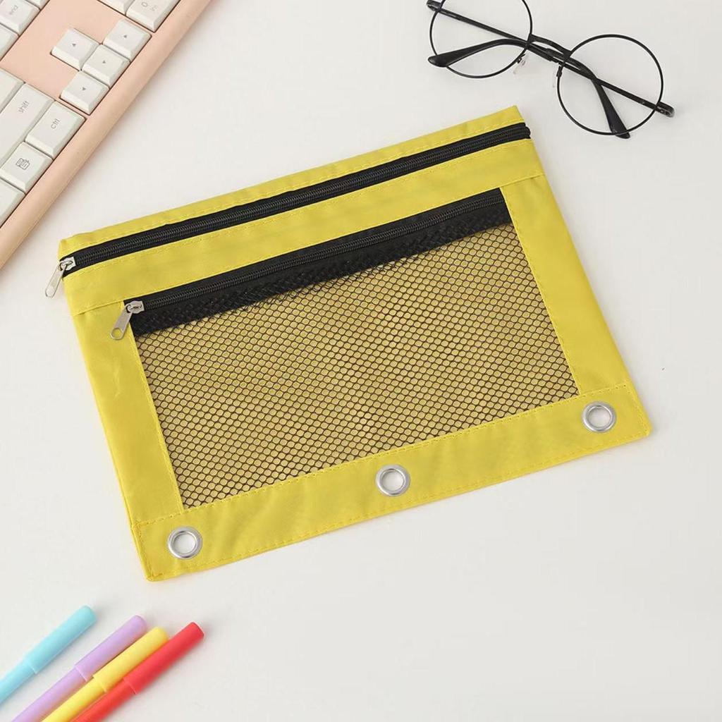 Transparent Three-Hole Pencil Case, Oxford Cloth, Mesh Design, Double Zipper, Waterproof