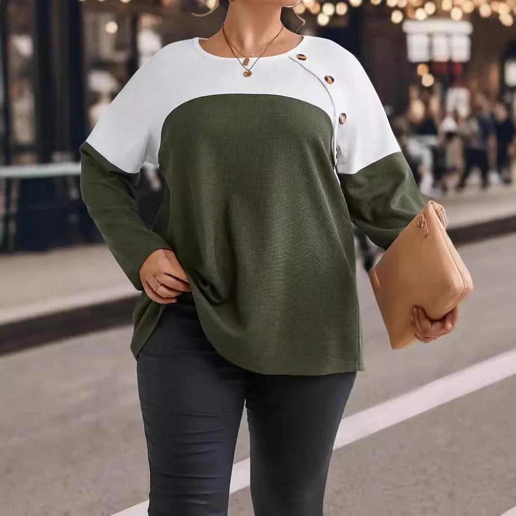 Весна Осень Плюс Размер Трикотажный Длинный Рукав Пуловер Цвет Блок Пуговица Деталь Трикотажный Топ