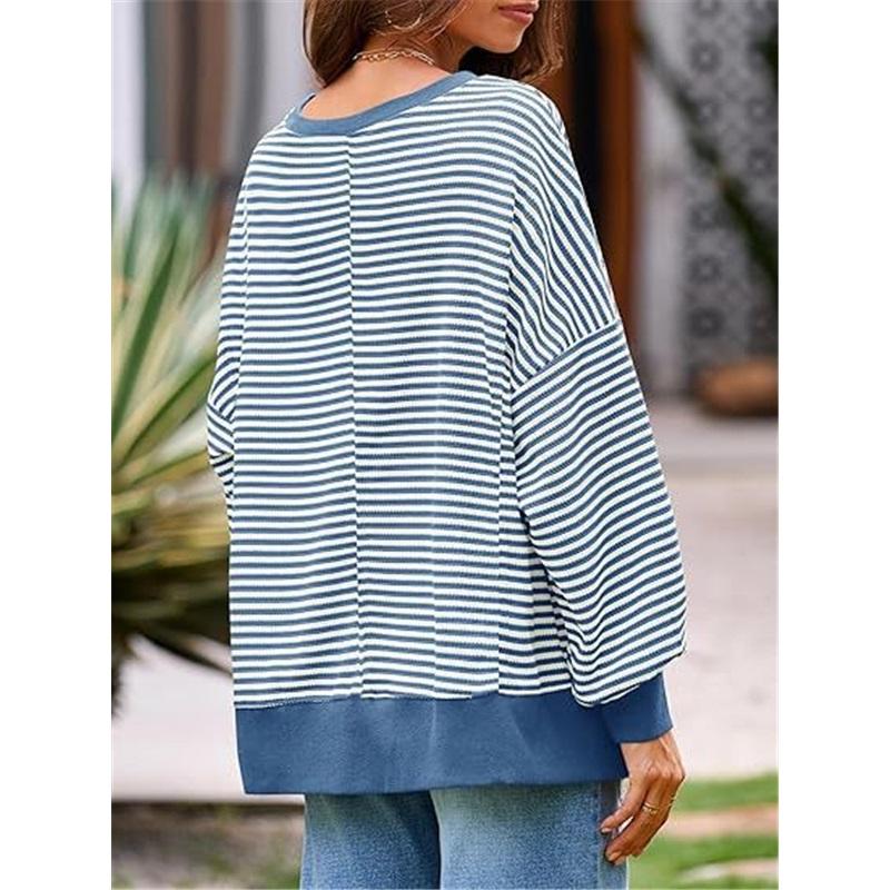 Women Striped Crew Neck Sweatshirt Loose Oversized Long Sleeve Pullover Casual Daily Blouse Top