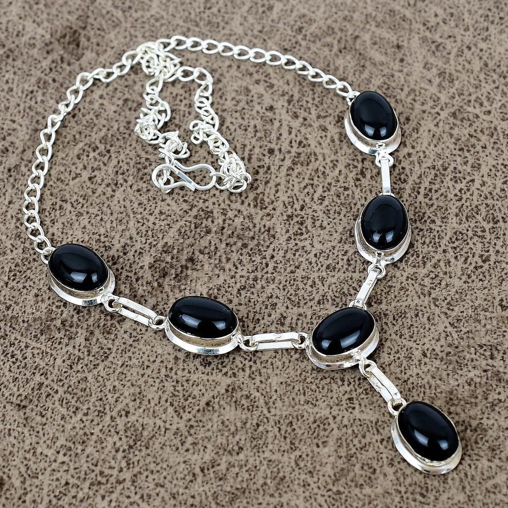 Black Onyx Gemstone Handmade 925 Sterling Silver Jewelry Necklace 18" KKG-402