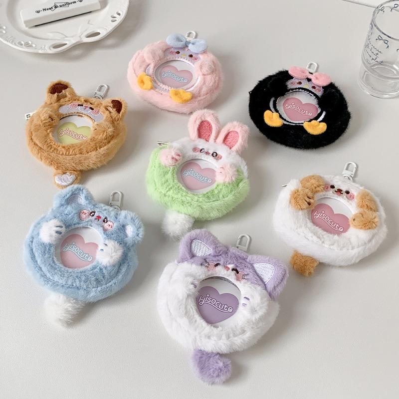 Sweet Cartoon Furry Badge Pin Holder Cute Fashion Earphone Lipstick Storage Bag Key Ring Plush Girls Kpop Badge Cover Case