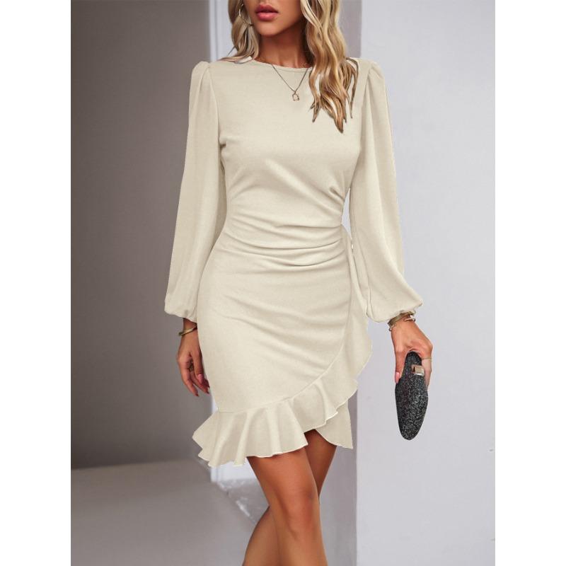 Осень Зима Круглый вырез Элегантная Мода Однотонное Платье Бодикон с Рюшами Женщины Фонарик Длинный рукав Халат Vestidos