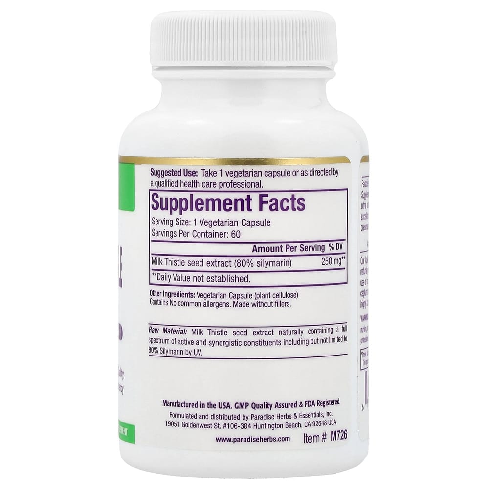 Paradise Herbs Milk Thistle Vegetable Capsules, 60 Count